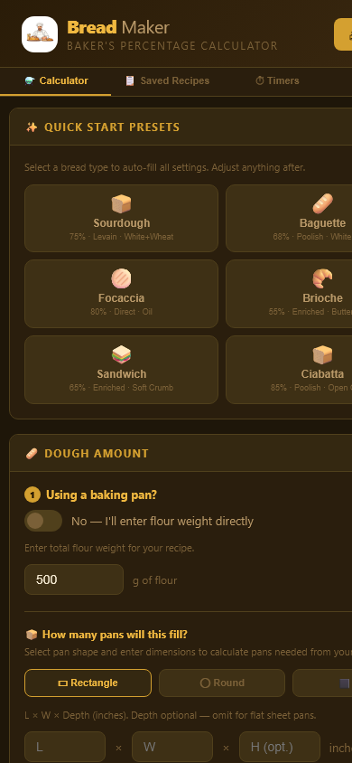 Bread Maker — quick start presets and dough amount