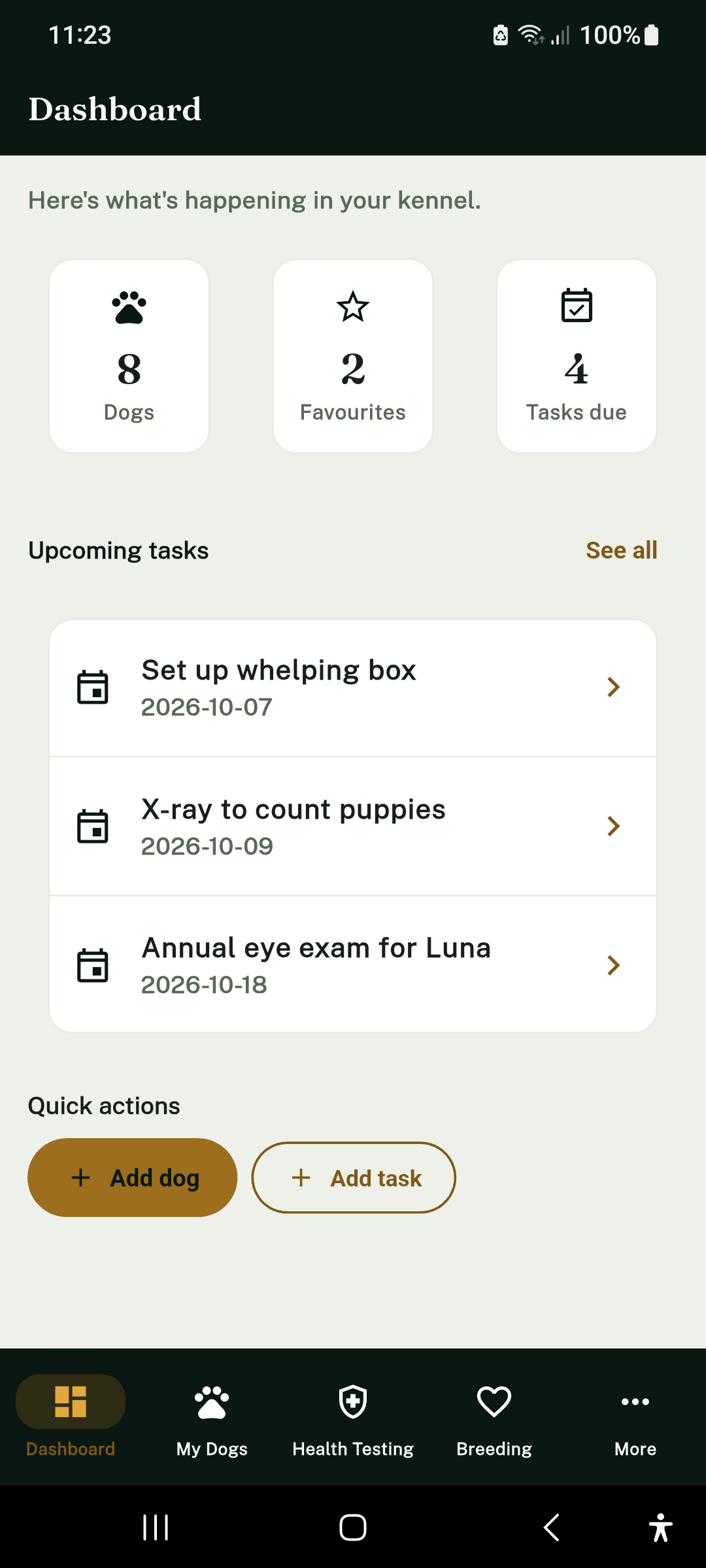 Canine Legacy Breeder App – Zucht-Übersicht mit Hunden, Favoriten und anstehenden Aufgaben