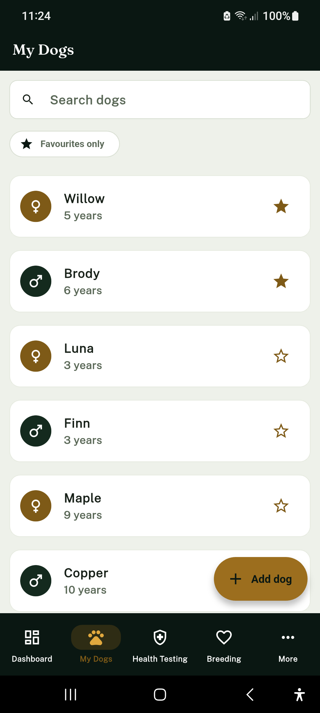 Canine Legacy Breeder App – Liste „Meine Hunde“ mit Suche und Favoriten