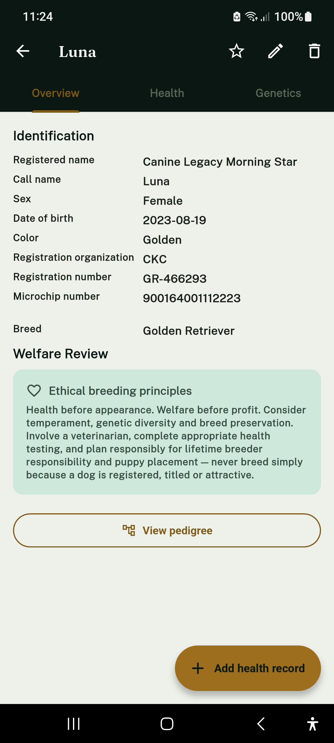 Canine Legacy Breeder App – ein Hundeprofil mit Register- und Chipdaten