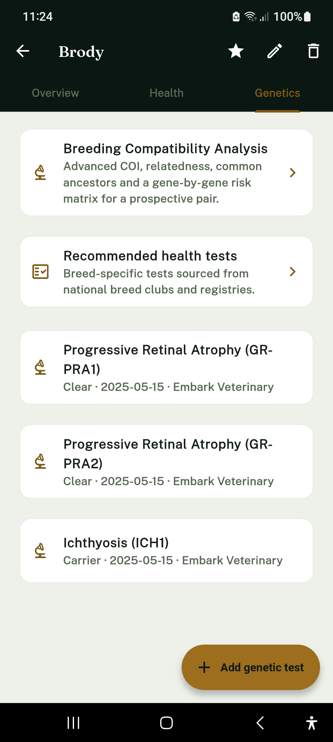 Canine Legacy Breeder App – DNA-Testergebnisse eines Deckrüden