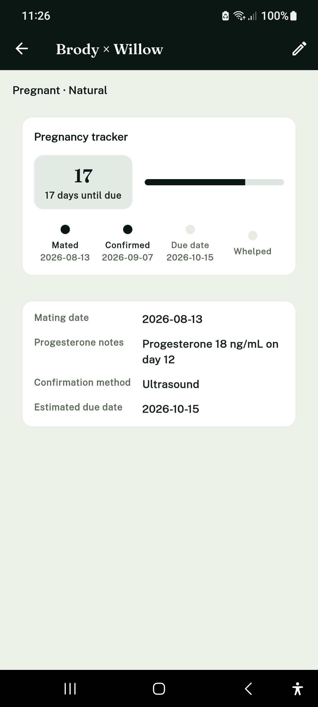 Canine Legacy Breeder App – Trächtigkeitsverlauf mit Countdown bis zum Wurftermin