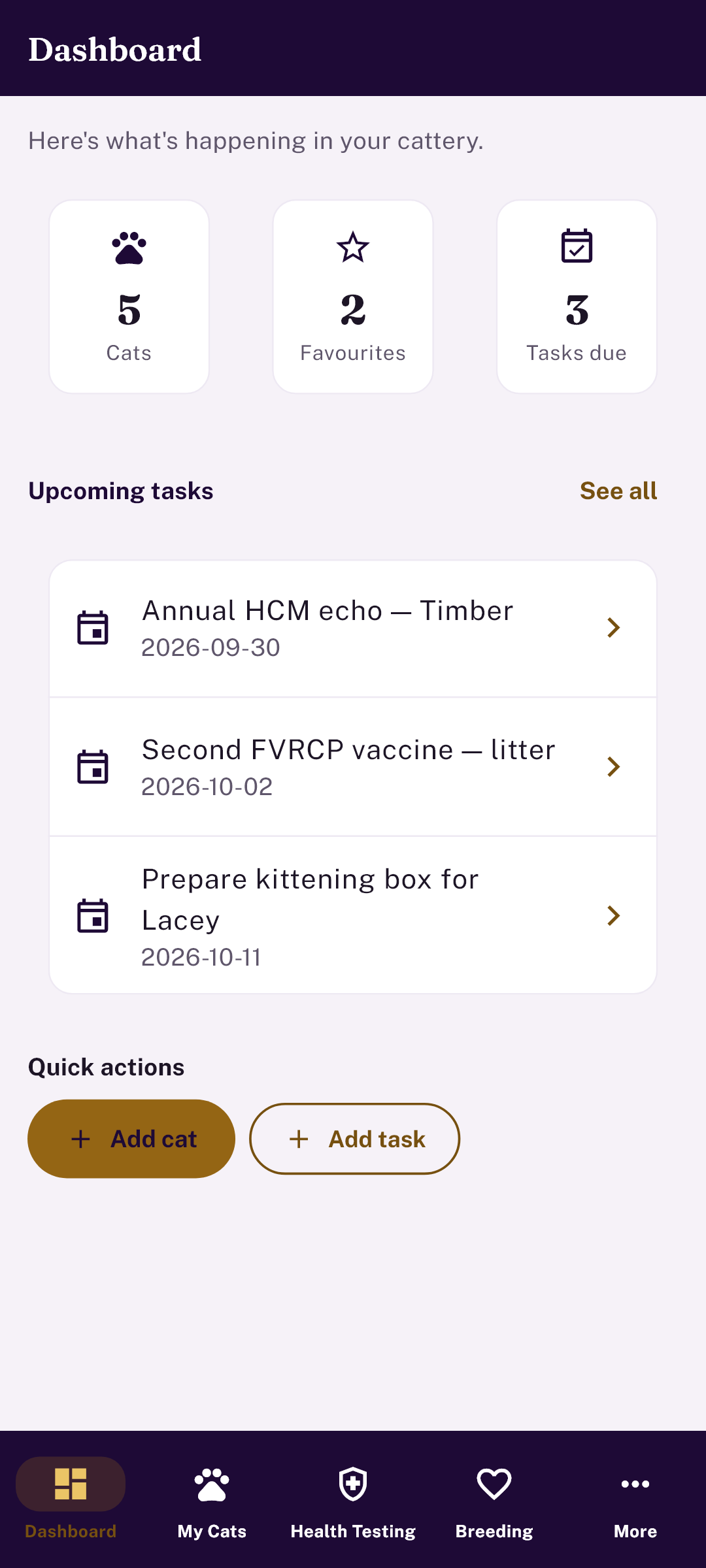 Cat Breeders — cattery dashboard with cats, favourites and upcoming tasks