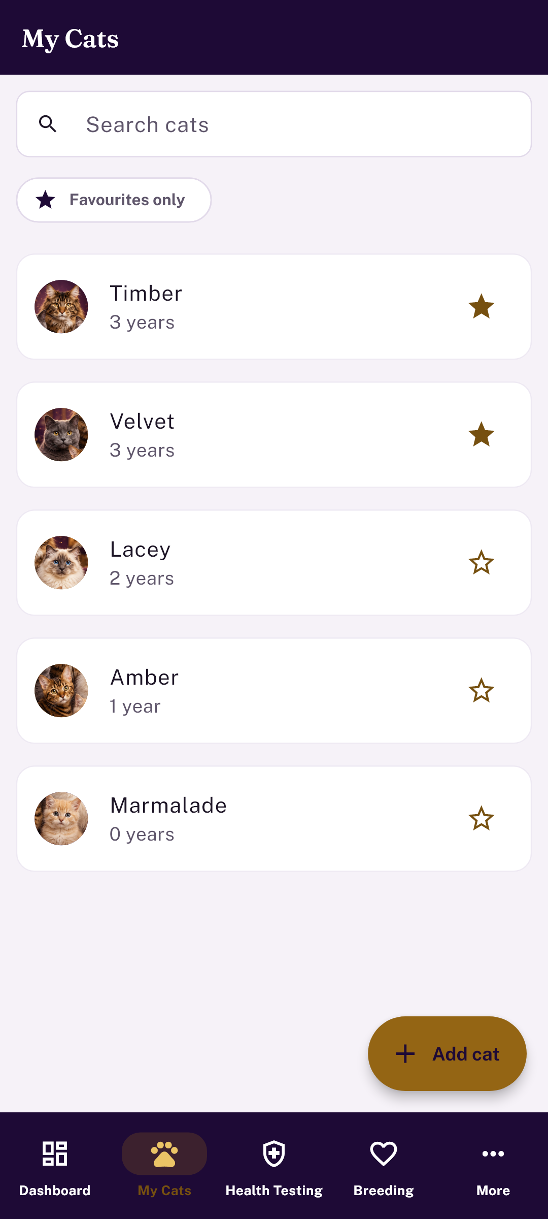Cat Breeders — My Cats list with photos and favourites