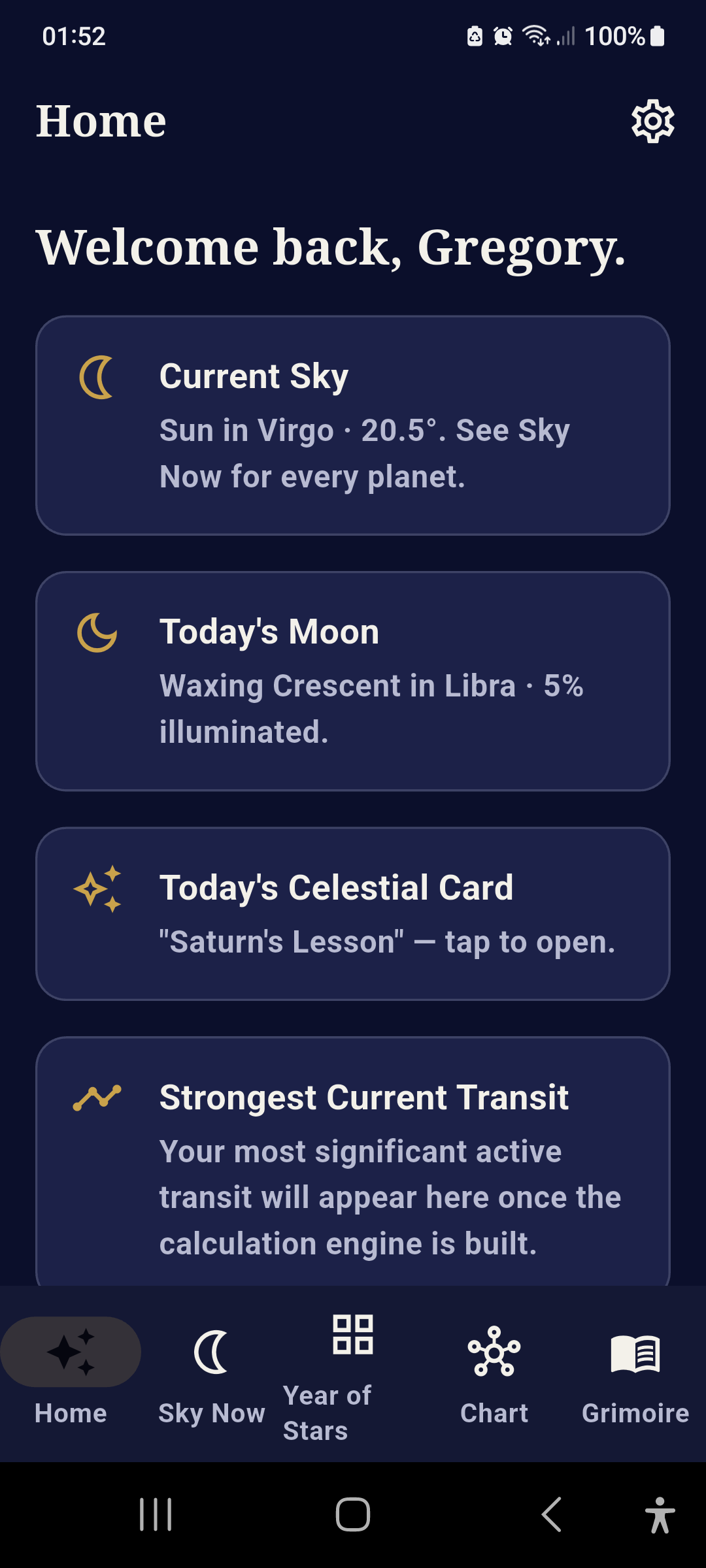 Celestial Grimoire — Home screen with current sky, Moon, and today's Daily Card