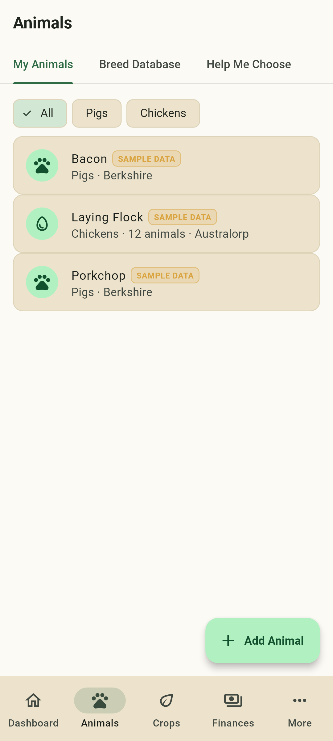 Family Farm Manager — My Animals list with a laying flock and pigs
