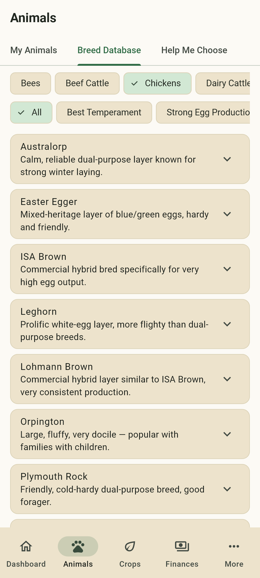 Family Farm Manager — breed database with filters for chickens