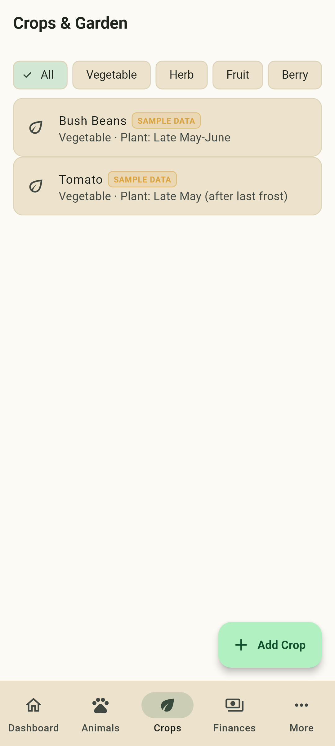 Family Farm Manager — crops and garden list with planting periods