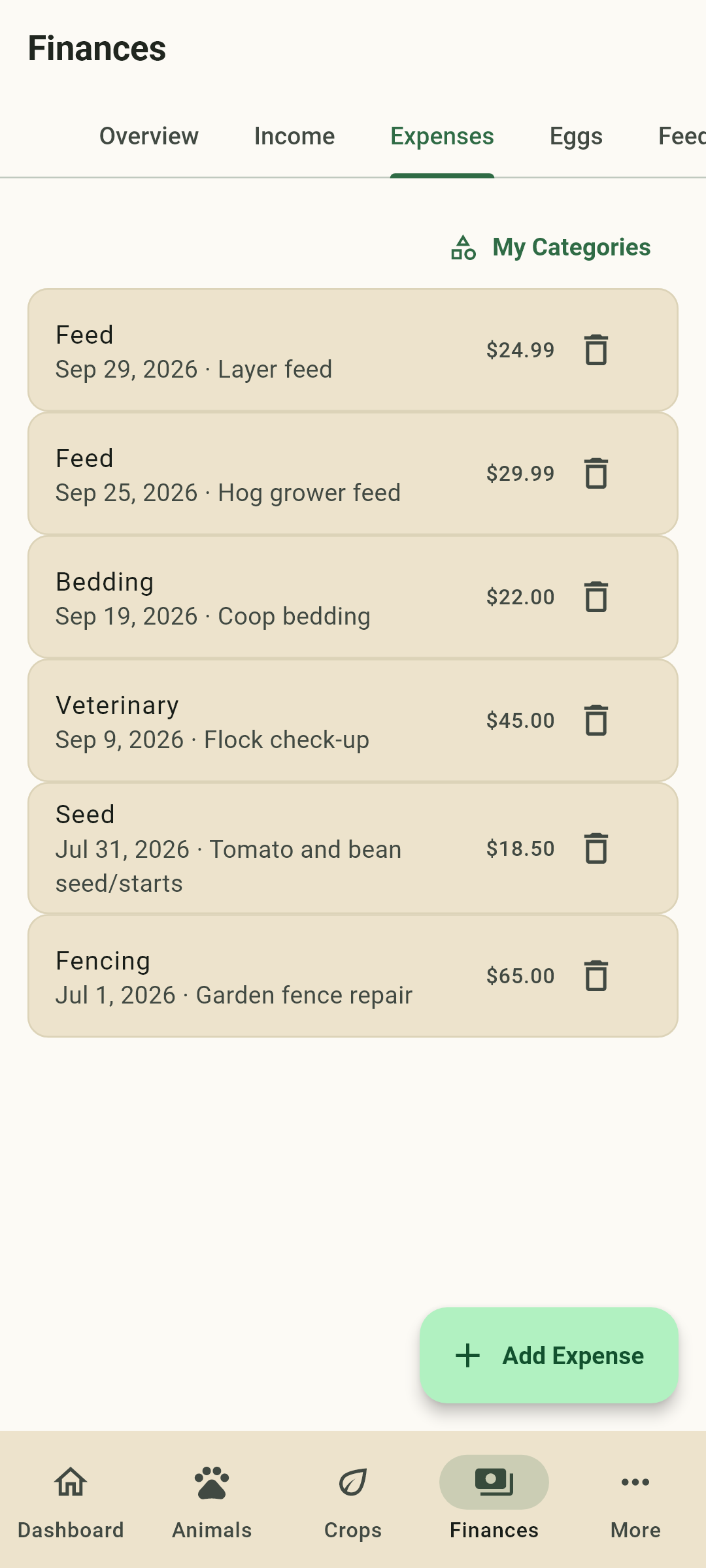 Family Farm Manager — expense list with categories and amounts