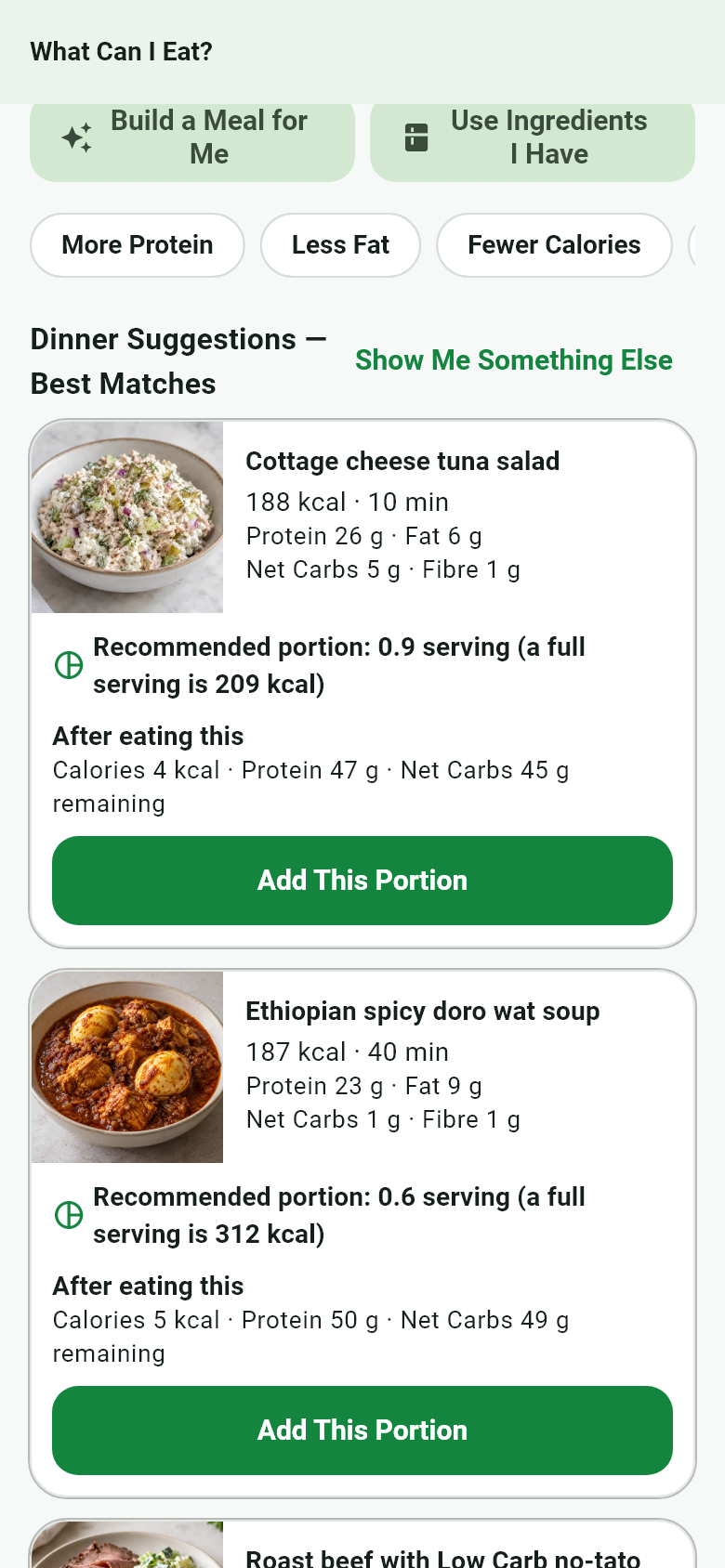 Healthy Plate — Abendessen-Vorschläge von What Can I Eat? mit empfohlenen Portionen