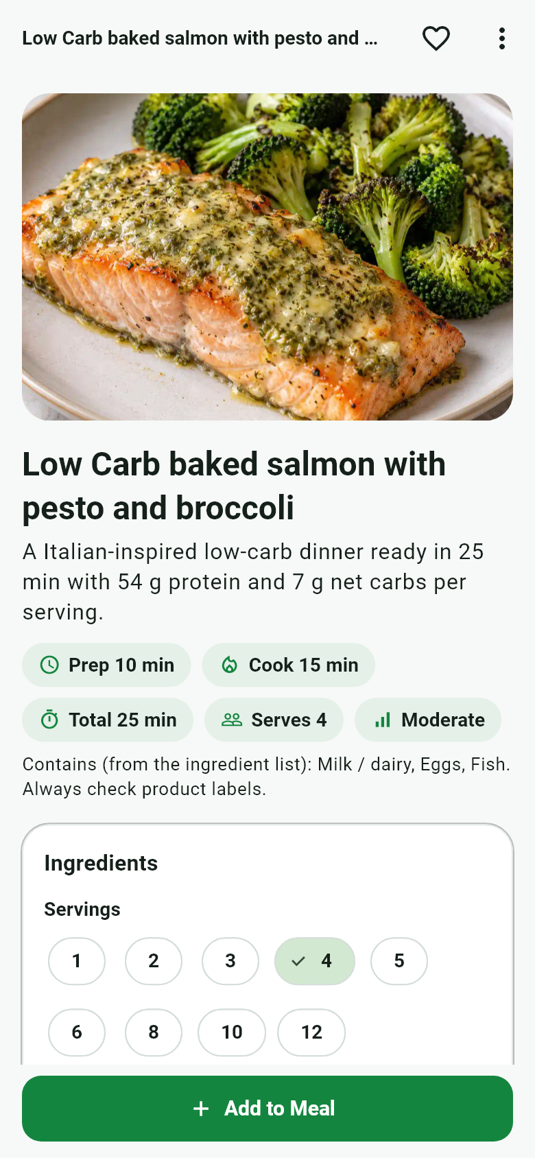 Healthy Plate — ein Rezept für gebackenen Lachs mit Zeiten, Portionen und Allergenen