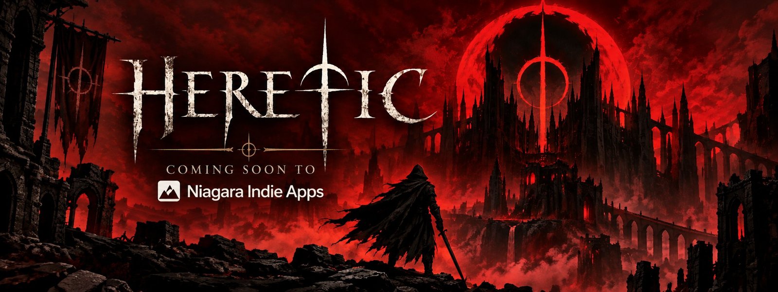 Heretic — um espadachim encapuzado diante de uma cidade gótica sob uma lua vermelho-sangue. Em breve na Niagara Indie Apps