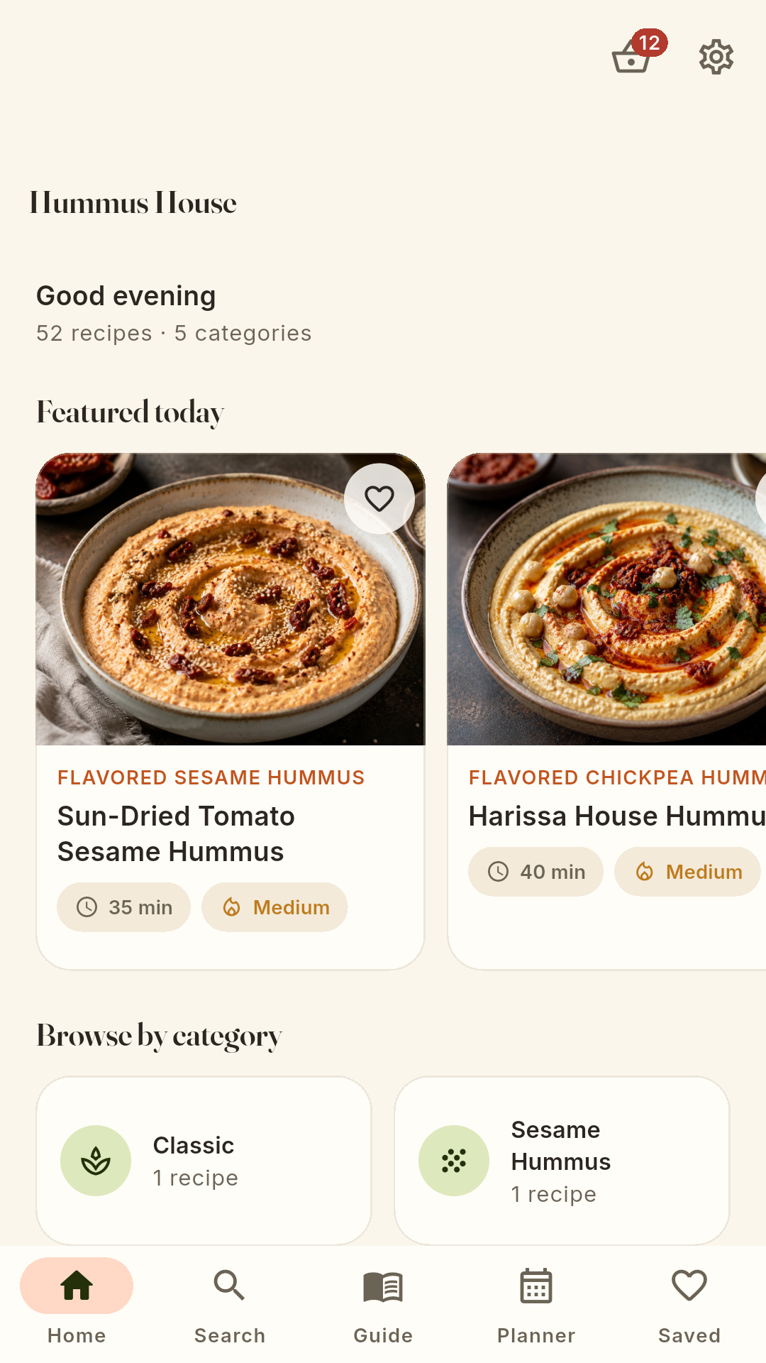 Hummus House — home screen with featured recipes