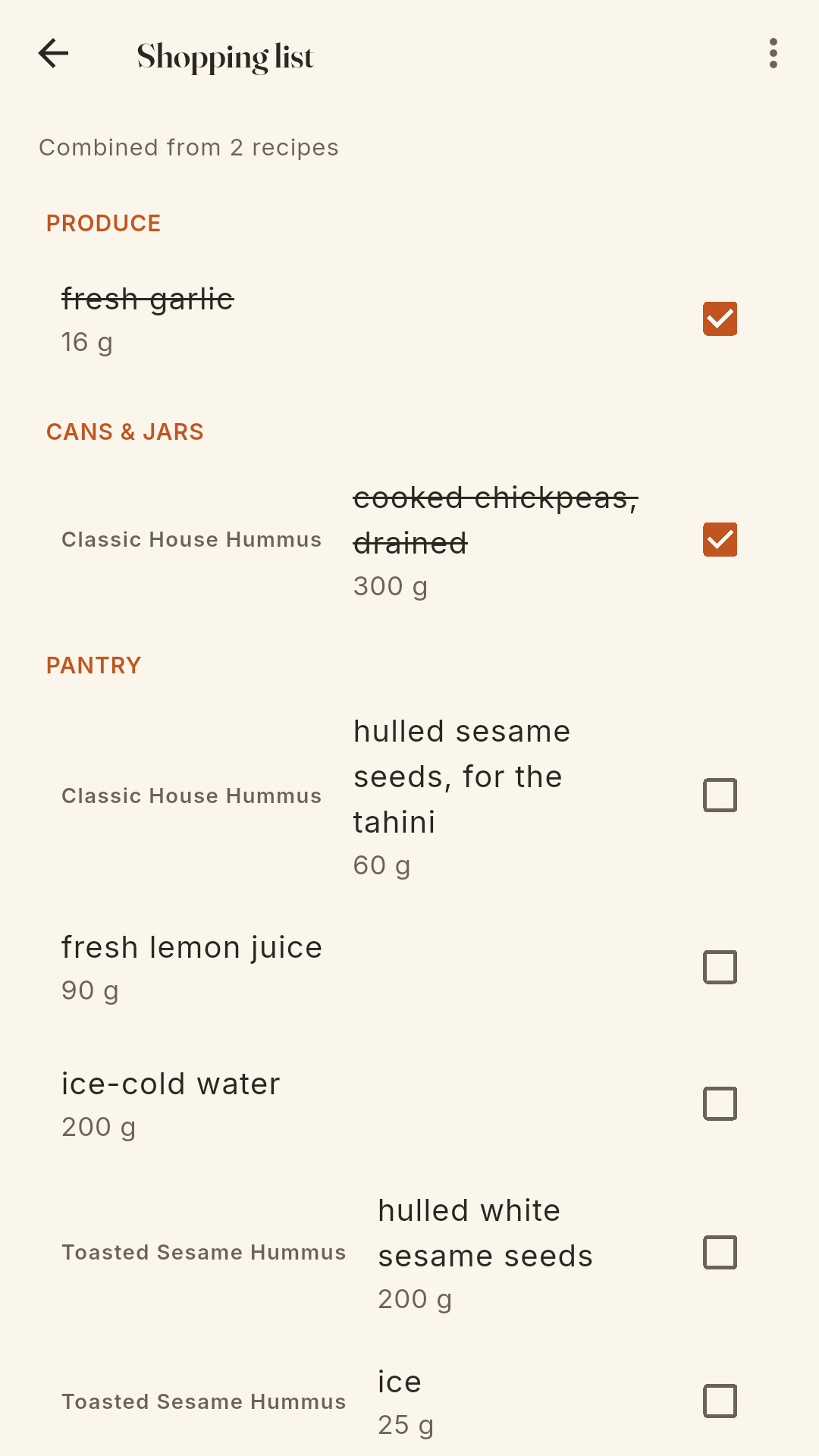 Hummus House — shopping list