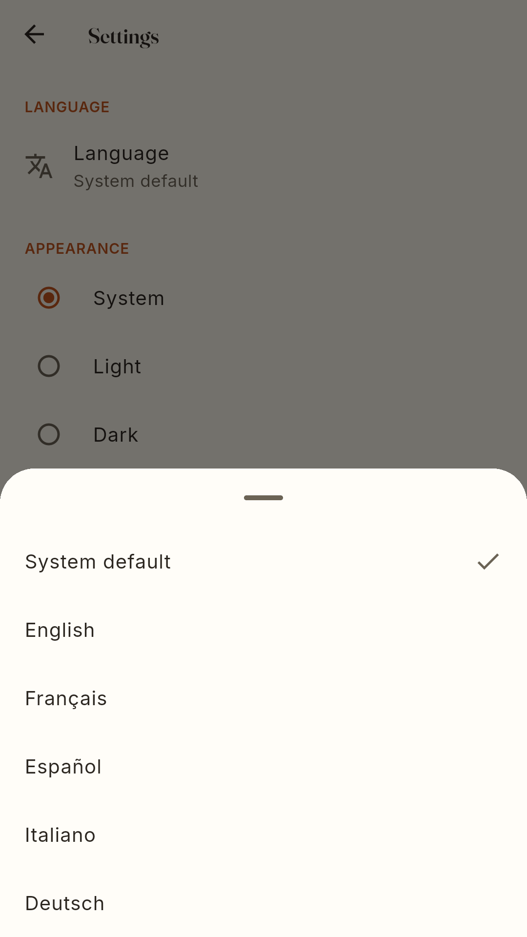 Hummus House — settings and language options