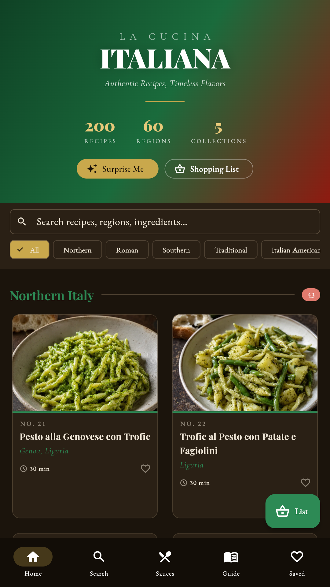 La Cucina Italiana — home screen with recipes grouped by region