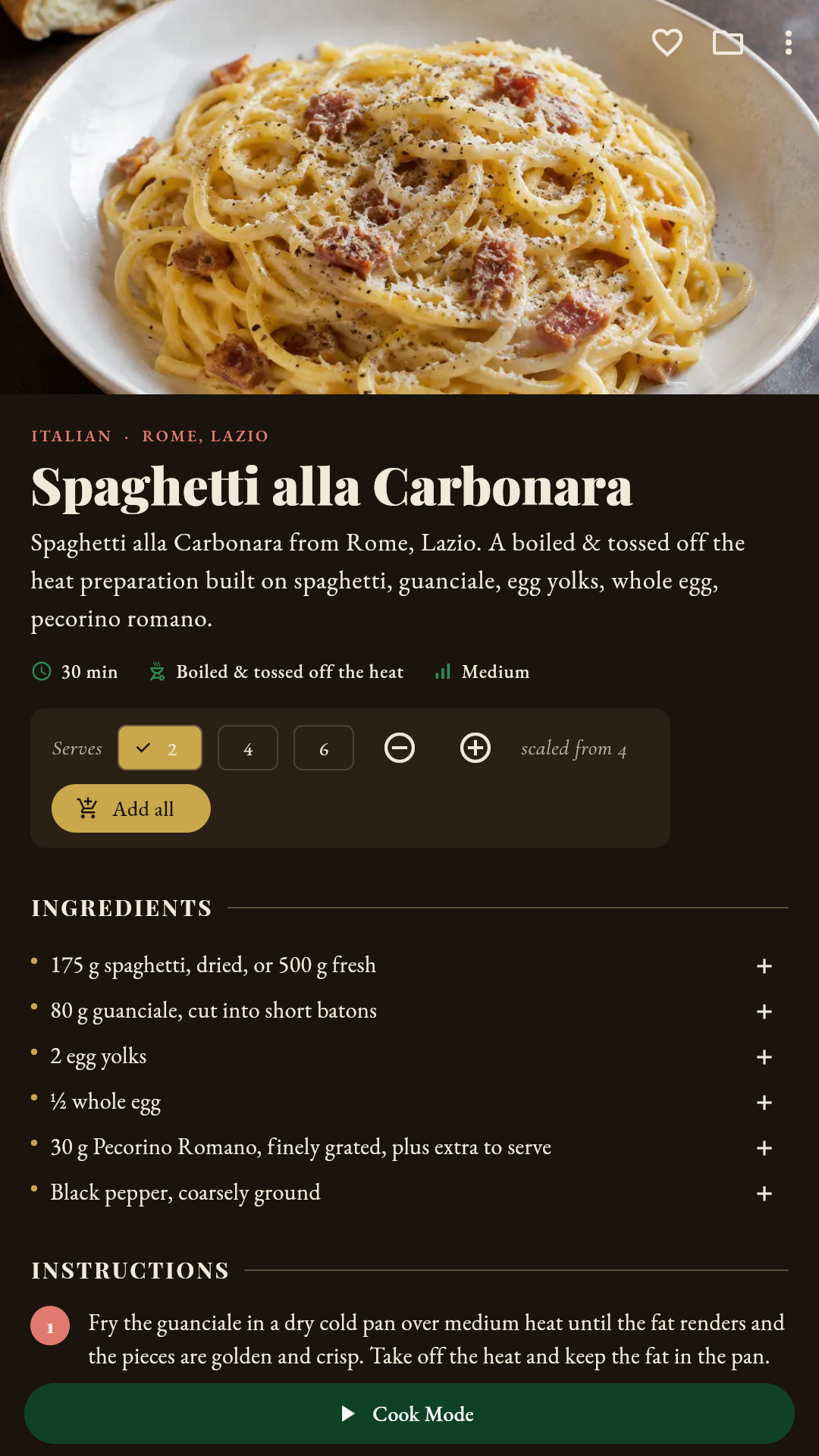 La Cucina Italiana — recipe detail with ingredients and serving scaler