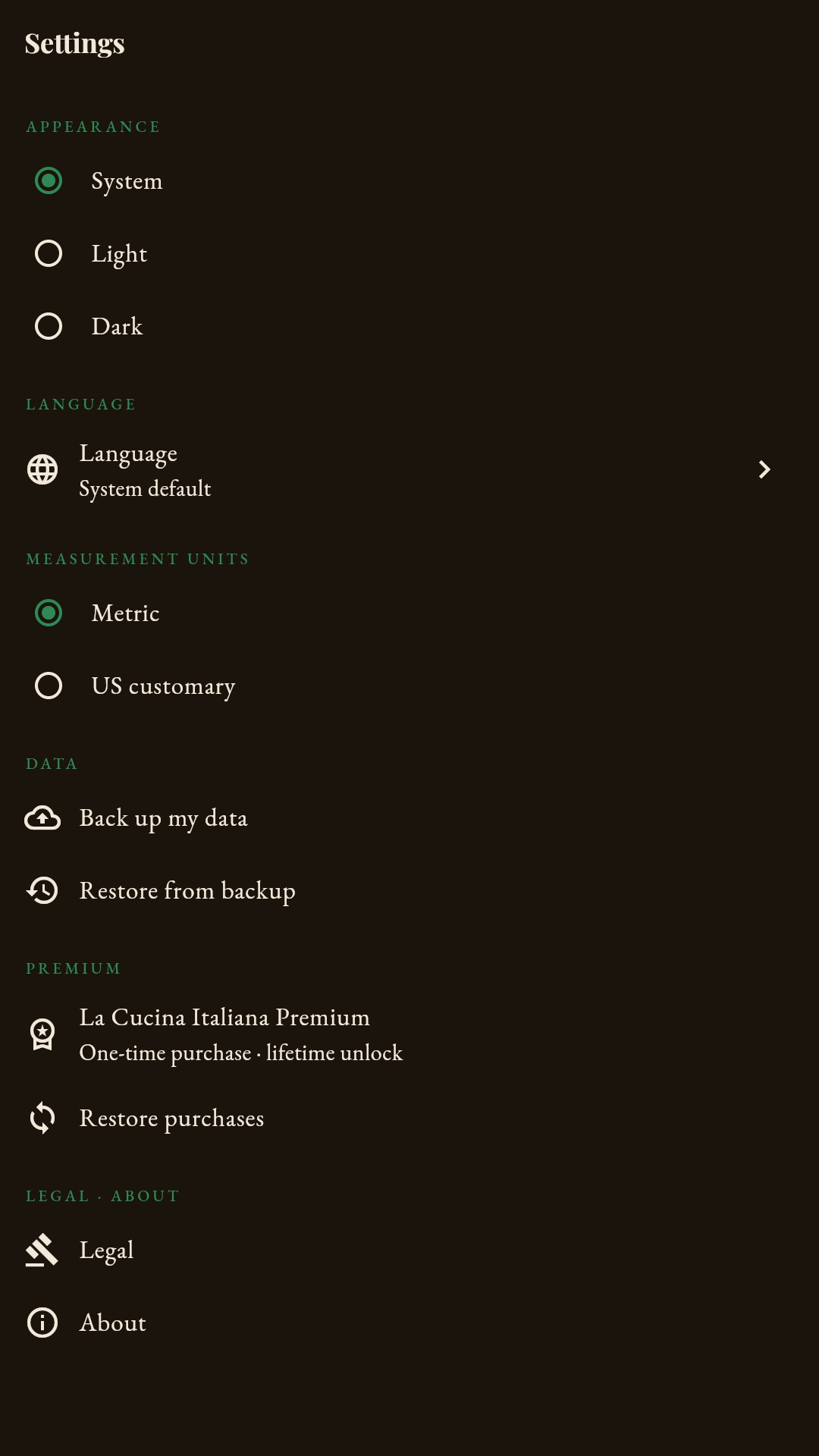 La Cucina Italiana — settings, language, and Premium