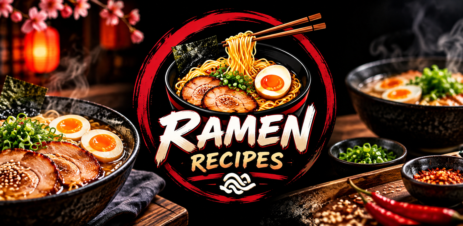 Ramen Recipes — ramen bowls with chashu pork, soft-boiled eggs and green onion