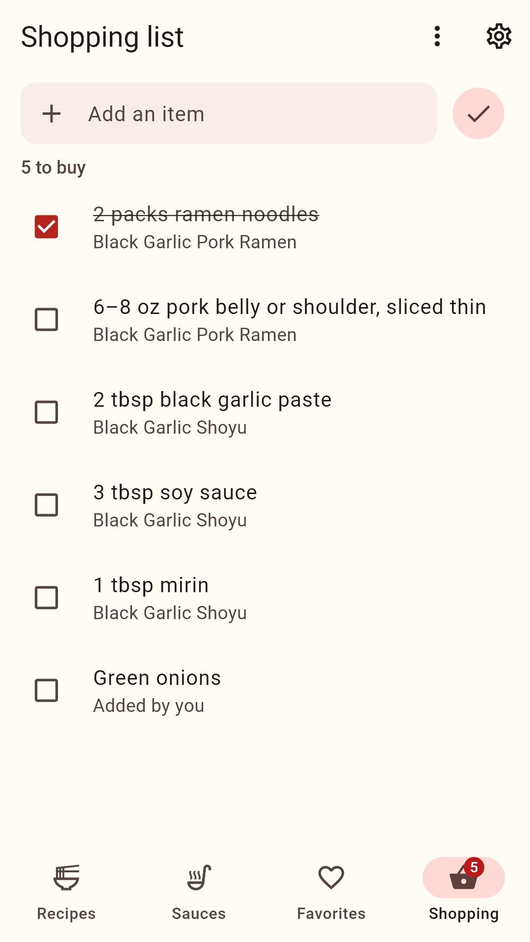 Ramen Recipes — shopping list built from a recipe and its sauce