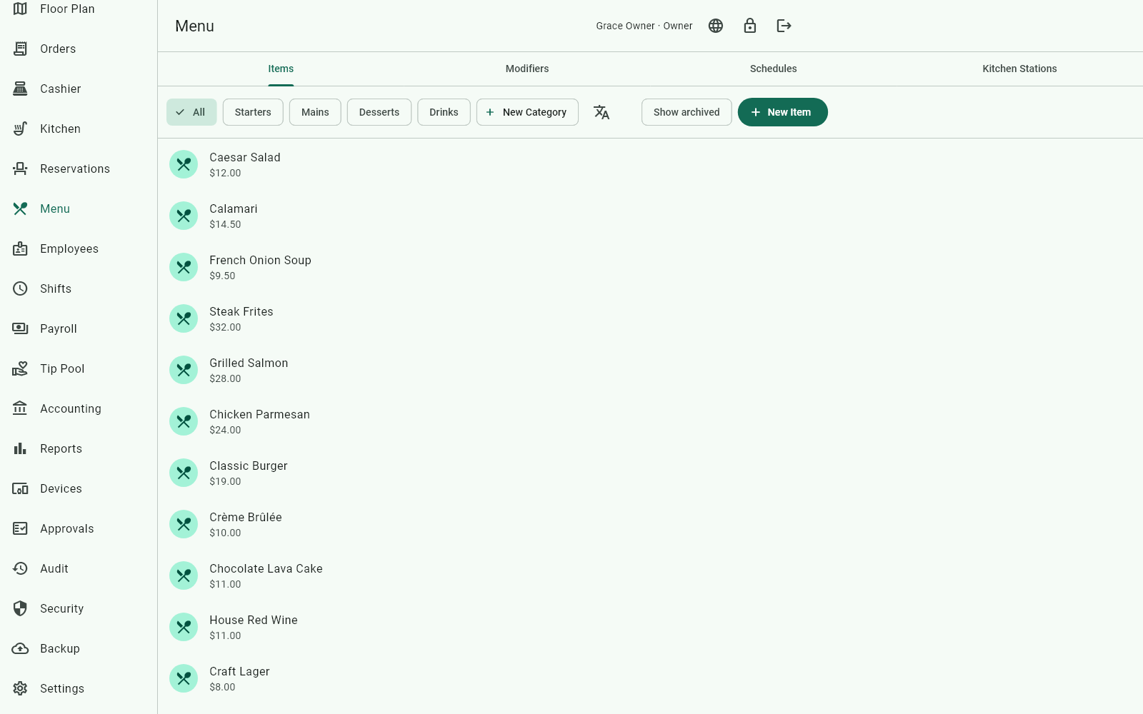 Restaurant Guardian: gestión del menú con categorías y precios