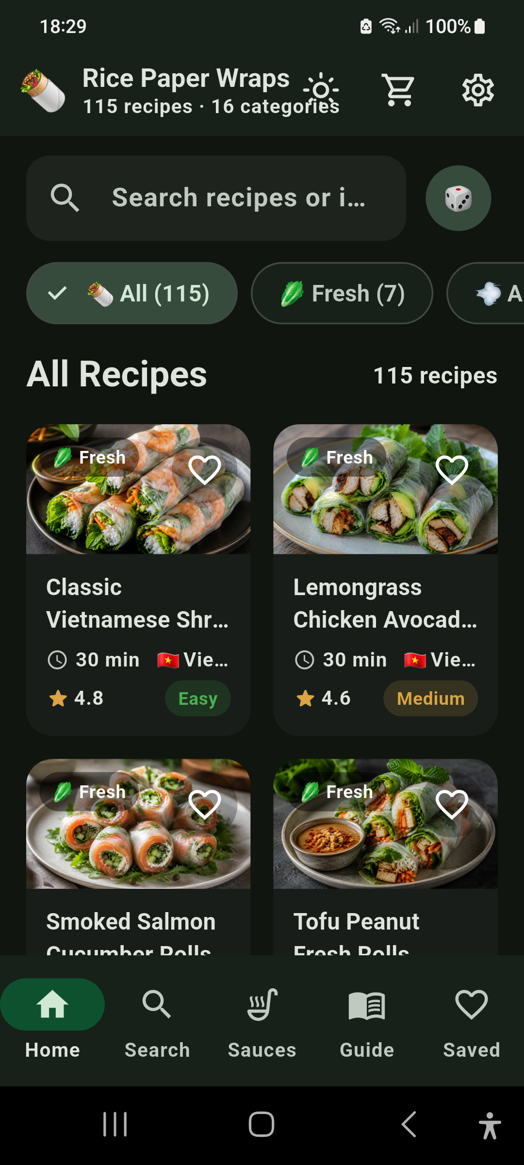 Rice Paper Wraps — ekran główny ze wszystkimi 115 przepisami