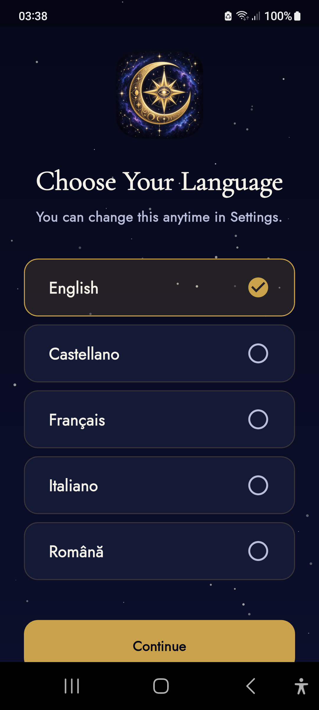 Stellar Tarot — language selection
