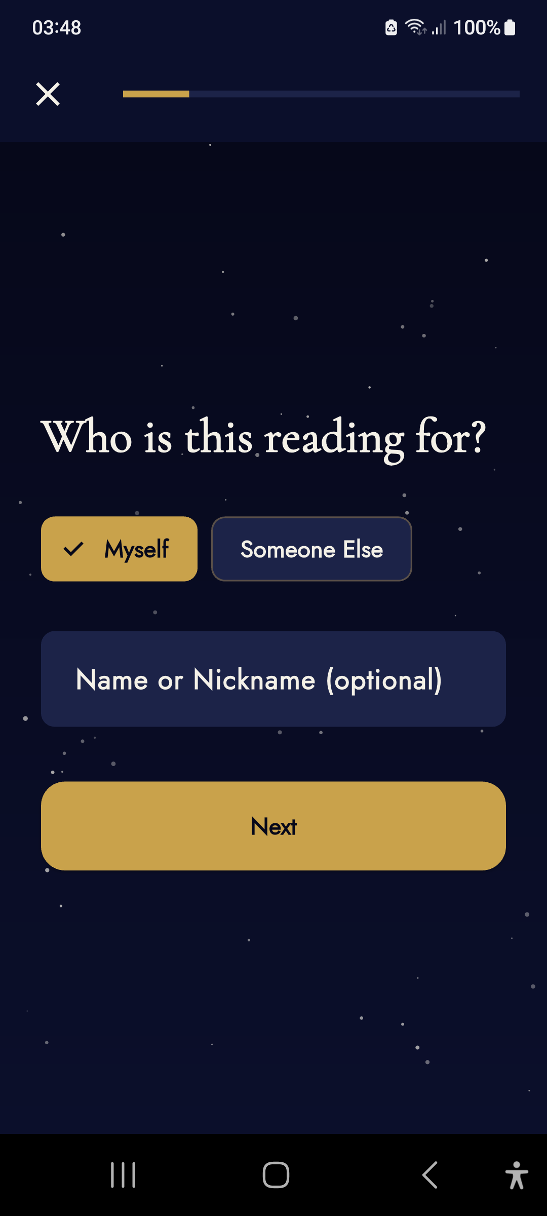 Stellar Tarot — starting a new reading
